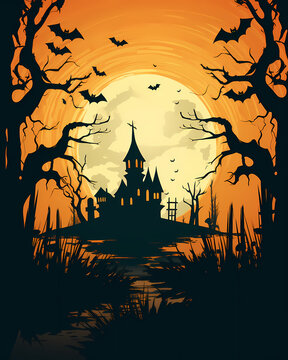 Halloween silhouette Background  4:5 aspect ratio. mobile background picture, silhouette, tree, sky, illustration, night, orange, art, black