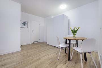 Przedpokój w nowoczesnym apartamecie z białą szafą i meblami