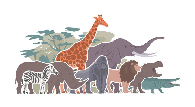 African animals set. Big elephant, giraffe, rhinoceros, lion and zebra. Herbivorous and carnivorous. Wildlife mammal. Fauna zoology. Flat vector collection illustration