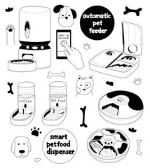 Automatic feeder for pets. Smart food dispenser for cats and dogs. Electronic pet food dispenser. Vector illustration.

