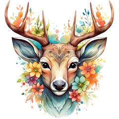 deer head with flowers watercolor isolated
