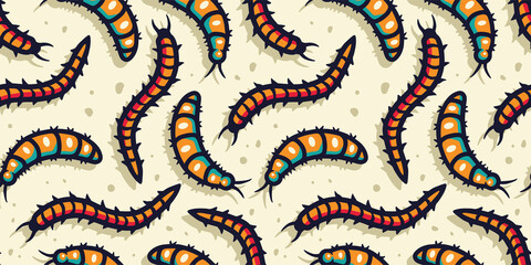 Seamless pattern with caterpillars or worms for halloween design background. Wallpaper with scary insect larvae for october party banner, poster or postcard