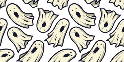 Halloween seamless pattern with ghost for monochrome halloween design. Wallpaper or background with spirit or soul for october party banner, poster or postcard