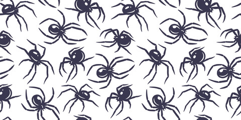 Halloween seamless pattern with spiders for monochrome halloween design. Wallpaper or background with tarantula or insects for october party banner, poster or postcard