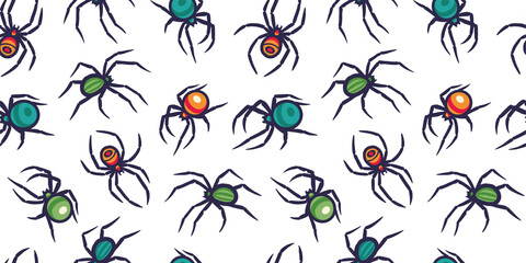 Halloween seamless pattern with spiders for halloween design. Wallpaper or background with tarantula or insects for october party banner, poster or postcard