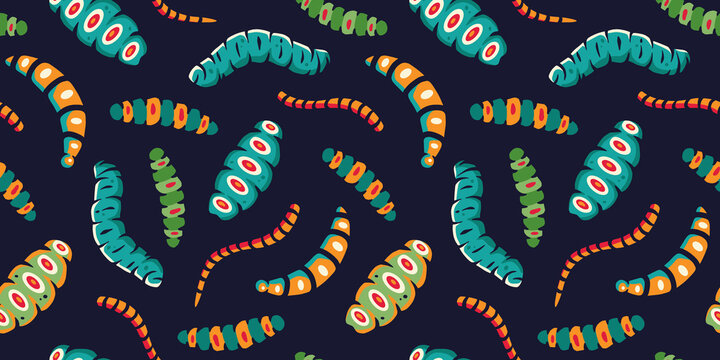 Seamless pattern with caterpillars or worms for halloween design background. Wallpaper with scary insect larvae for october party banner, poster or postcard