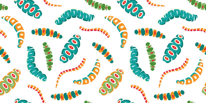 Seamless pattern with caterpillars or worms for halloween design background. Wallpaper with scary insect larvae for october party banner, poster or postcard