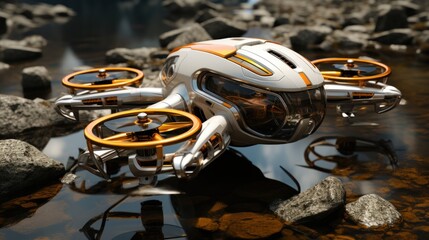 View at a 45 - degree angle a minimalist futuristic white and orange four - rotor Drone in the white desert, water in the style of dark bronze and light beige, nature - inspired camouflage, - obrazy, fototapety, plakaty