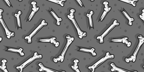 Halloween seamless pattern with skeleton bones for monochrome halloween design. Wallpaper or background with anatomy human bones for october party banner, poster or postcard