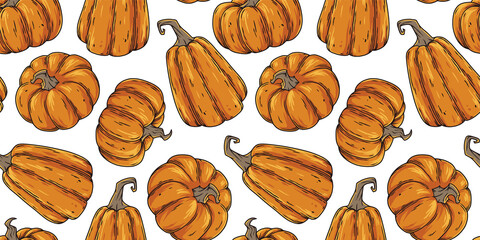 Halloween seamless pattern with pumpkins for halloween design. Wallpaper or background with orange autumn pumpkins for october party banner, poster or postcard