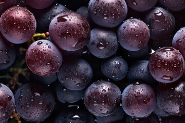 Macro close-up photography of a ripe black grape with water drops.