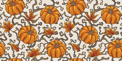 Halloween seamless pattern with pumpkins and branches for halloween design. Wallpaper or background with autumn plants and blackthorn for october party banner, poster or postcard