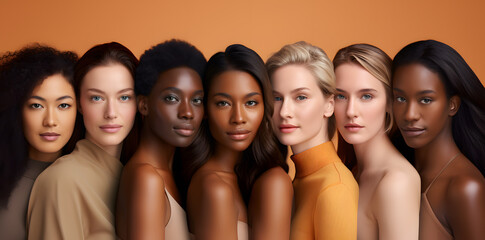 Obraz premium Ethnic diversity of women. Different hair styles, skin colors, ages and ethnicities. Multiethnic concept photo