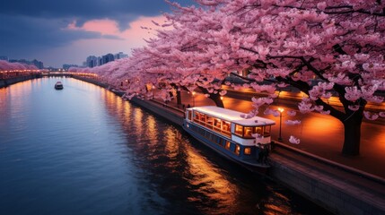This scene is viewed from a high angle, looking down on a large cherry blossom tree. The river is filled with cherry blossom flurries, and there are large cherry blossom trees on both ends of the rive - obrazy, fototapety, plakaty