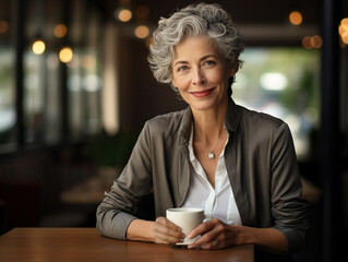 Elderly woman with grey hair drinks coffee in cafe