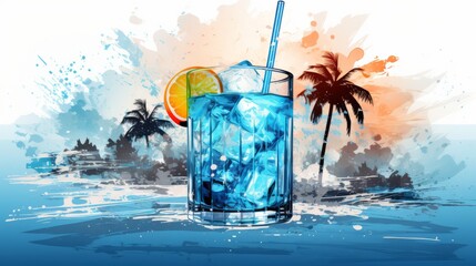Cocktail Blue Lagoon illustration . Glass of blue lagoon cocktail on background with palms. Horizontal format. illustration Ai generated - obrazy, fototapety, plakaty