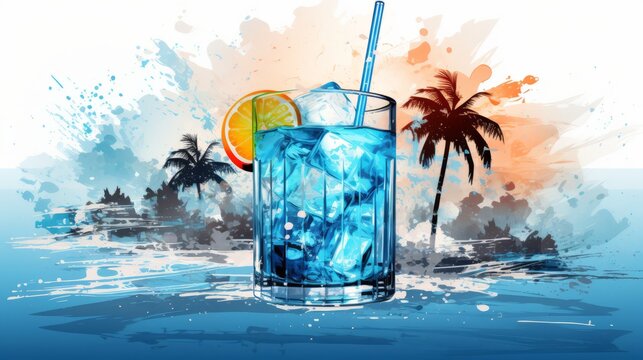 Cocktail Blue Lagoon illustration . Glass of blue lagoon cocktail on background with palms. Horizontal format. illustration Ai generated