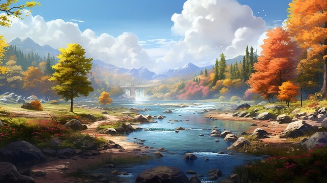  a painting of a river surrounded by trees and rocks with a bridge in the background.  generative ai