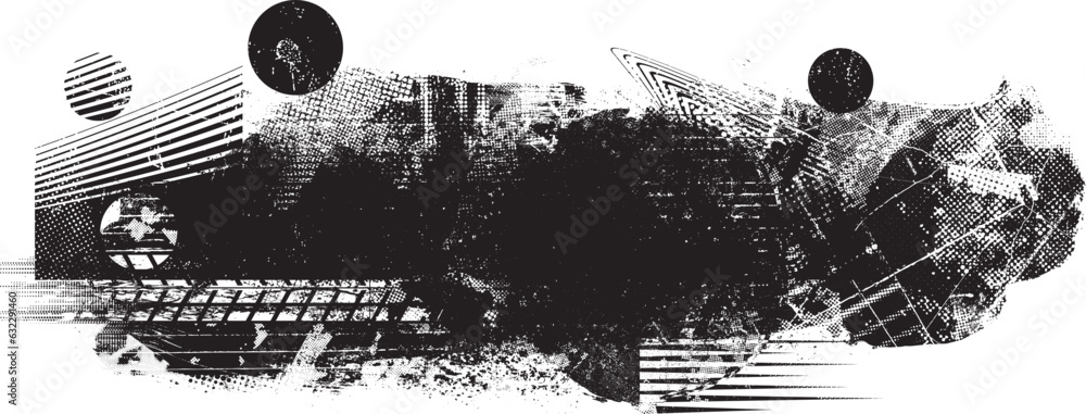 Poster Glitch distorted grange shape . Noise grungy logo . Trendy defect error shapes . Glitched frame .Grunge textured . Distressed effect .Vector shapes with a halftone dots screen print texture.