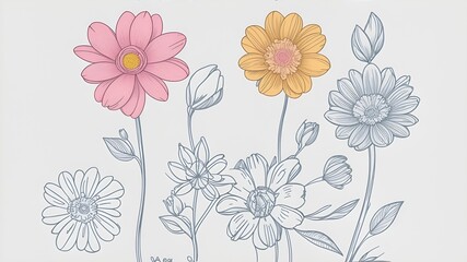 Painting of flowers with white background. Digital art.