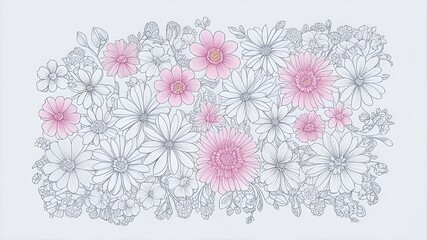 Thin line drawing of flowers with white background. Chrysanthemums. Digital art.