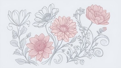 Painting of flowers with white background. Digital art.