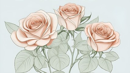 Thin line drawing of Roses with white background. Digital art.