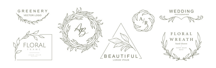 Floral logo templates with minimalist botanical elements. Frame, wreath, monogram. Vector illustration in line art style
