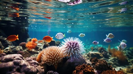 Sea urchins lie quietly among the coral at the bottom of the sea, covered with sharp spines, surrounded by colorful corals and tropical fish.