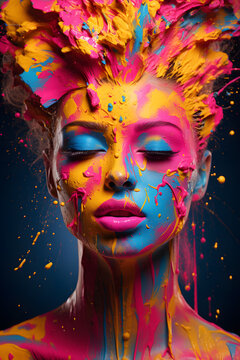 Woman portrait with a multi colored painted face, pop art design, color explosions