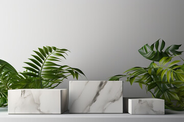 Elegant White Marble Box Podium with Delicate Leaves on White Background Minimalist Showcase for Products. created with Generative AI