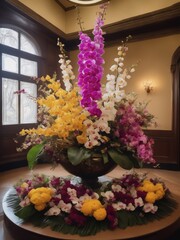 Fototapeta na wymiar wide angle photograph of a large and bountiful orchid and wild blossoms arrangement being displayed