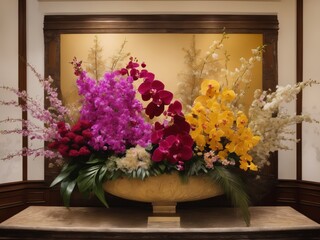 wide angle photograph of a large and bountiful orchid and wild blossoms arrangement being displayed