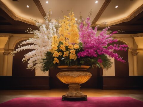 wide angle photograph of a large and bountiful orchid and wild blossoms arrangement being displayed