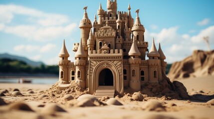 Portrait of an amazing sandcastle with a softboard next to it, on the beach. hight details, taken using a Canon EOS R camera with a 50mm f/ 1. 8 lens, f/ 2. 2 aperture, shutter speed 1/ 200s, ISO 100 
