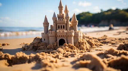 Portrait of an amazing sandcastle with a softboard next to it, on the beach. hight details, taken...