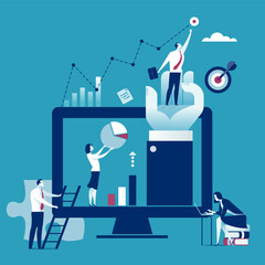 Teamwork. To achieve a corporate goal. Businessman stand on the hand reaching the goal. Business illustration