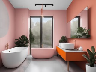 Fototapeta na wymiar Modern minimalist bathroom interior, modern pink bathroom cabinet, white sink, wooden vanity, interior plants, bathroom accessories, orange-white bathtub, concrete wall, terrazzo flooring