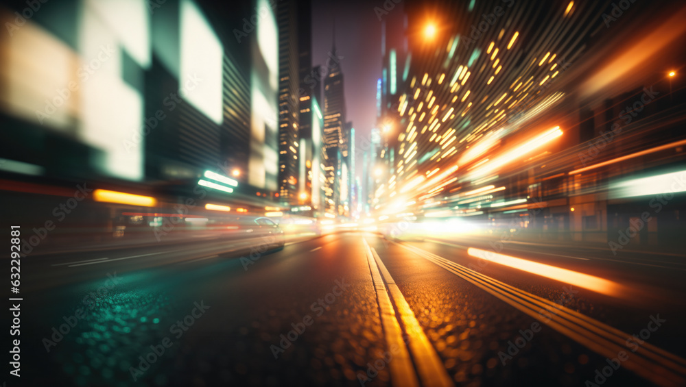 Poster energetic urban nightscape showcasing a dynamic motion blur. luminous trails of light weave their wa