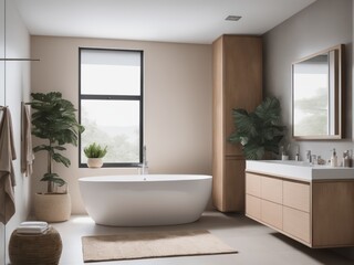 Modern minimalist bathroom interior, modern bathroom cabinet, white sink, wooden vanity, interior plants, bathroom accessories, bathtub and shower, beige walls, granite floor, vases.