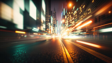 Fototapeta na wymiar Energetic urban nightscape showcasing a dynamic motion blur. Luminous trails of light weave their way through the cityscape, creating a captivating luminosity that beautifully captures nightlife.