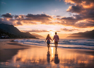 Fototapeta premium Beautiful sunset scenery with couple in love holding hands and walking down the sandy tropical beach background, banner with copy space text 