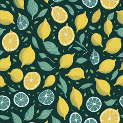 Seamless pattern, citrus fruit, yellow lemons and leaves on dark background