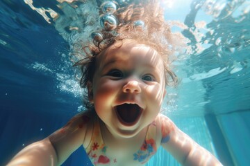 The kid swims underwater in clear clear blue water