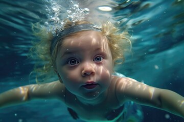 Fototapeta na wymiar Little blonde girl underwater looking straight
