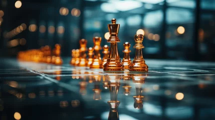 Fotobehang Mystery and magical minimal chess theme scene for marketing background with deep orange color and a little touch of ice blue colors, dark theme © Dushan
