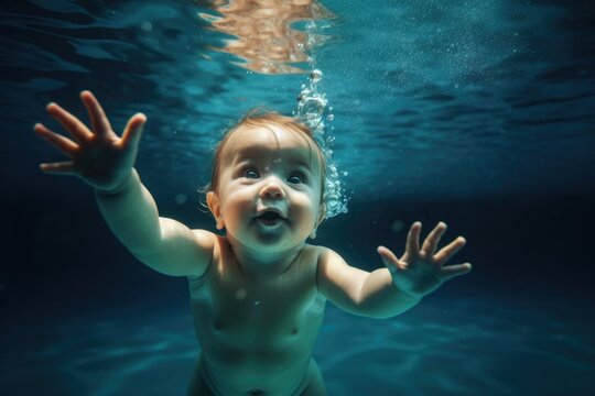 The kid swims underwater in clear clear blue water