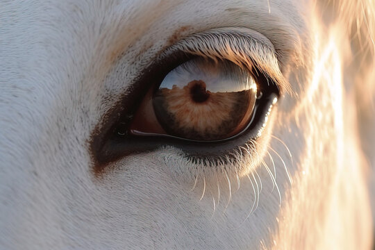 Generative AI image of closeup of horse brown eye reflecting outside nature under blue sky and with eyelashes while standing in daylight