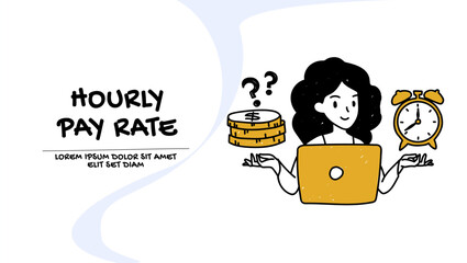 Hourly pay rate concept. Vector of a woman balancing financial reward time spend to do a job