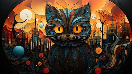 The black cat. Rich colors intricate details colorful painting. 